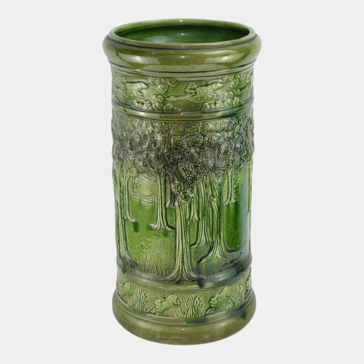 Brush McCoy Woodland Antique Art Pottery Green Scenic Umbrella Stand 76 - Just Art Pottery