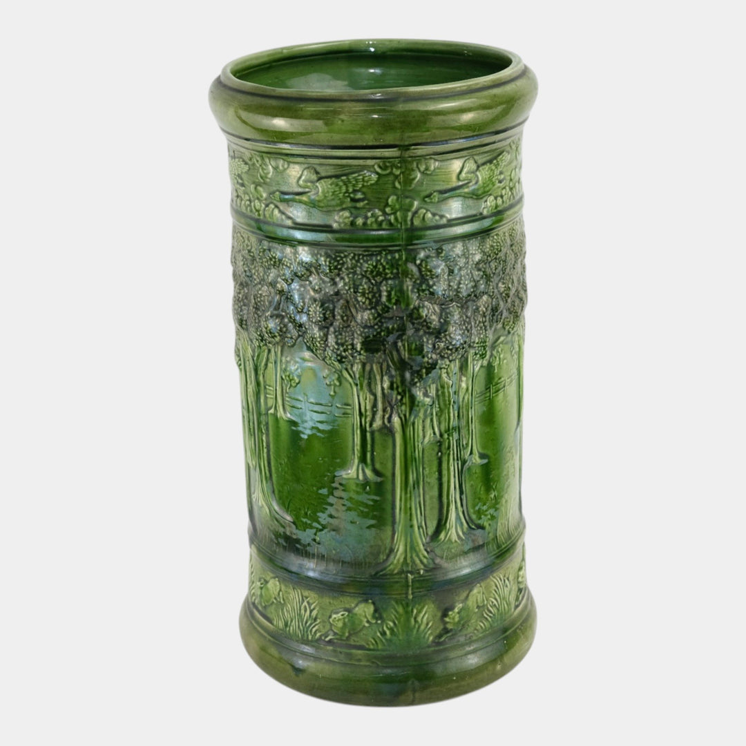 Brush McCoy Woodland Antique Art Pottery Green Scenic Umbrella Stand 76 - Just Art Pottery