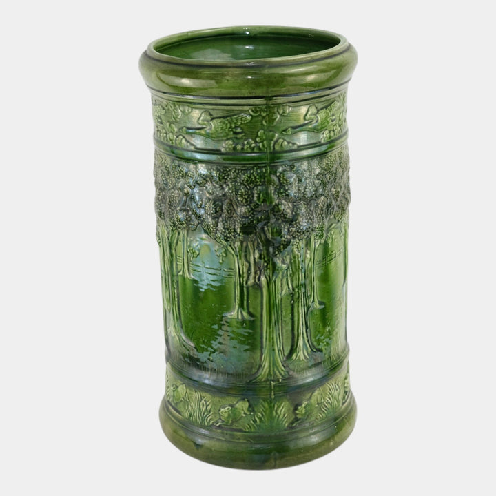 Brush McCoy Woodland Antique Art Pottery Green Scenic Umbrella Stand 76 - Just Art Pottery