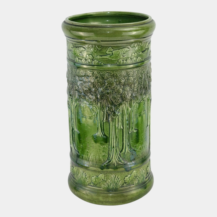 Brush McCoy Woodland Antique Art Pottery Green Scenic Umbrella Stand 76 - Just Art Pottery