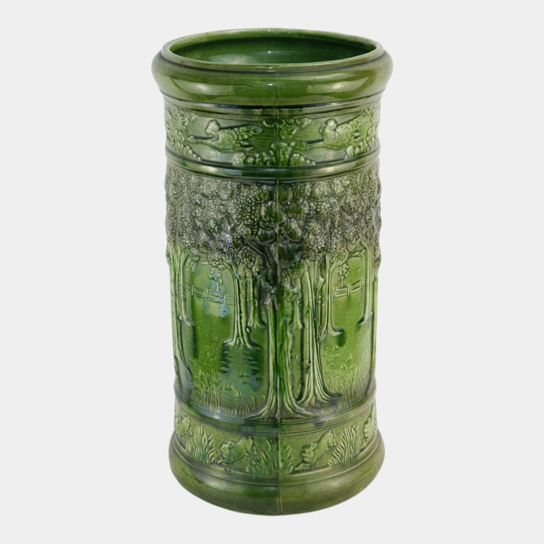 Brush McCoy Woodland Antique Art Pottery Green Scenic Umbrella Stand 76 - Just Art Pottery
