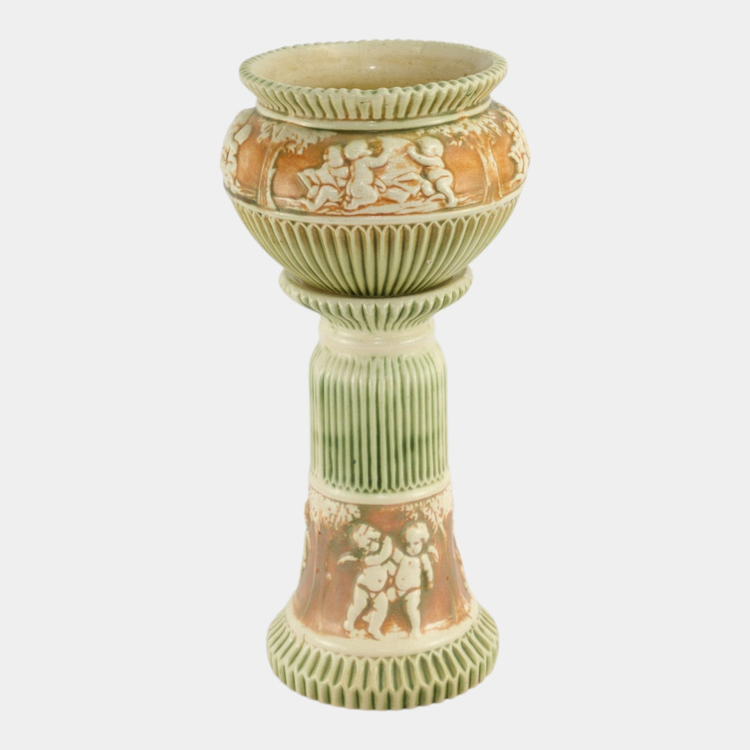 Roseville Donatello 1916 Art Pottery Green Ceramic Jardiniere And Pedestal 579-6 - Just Art Pottery