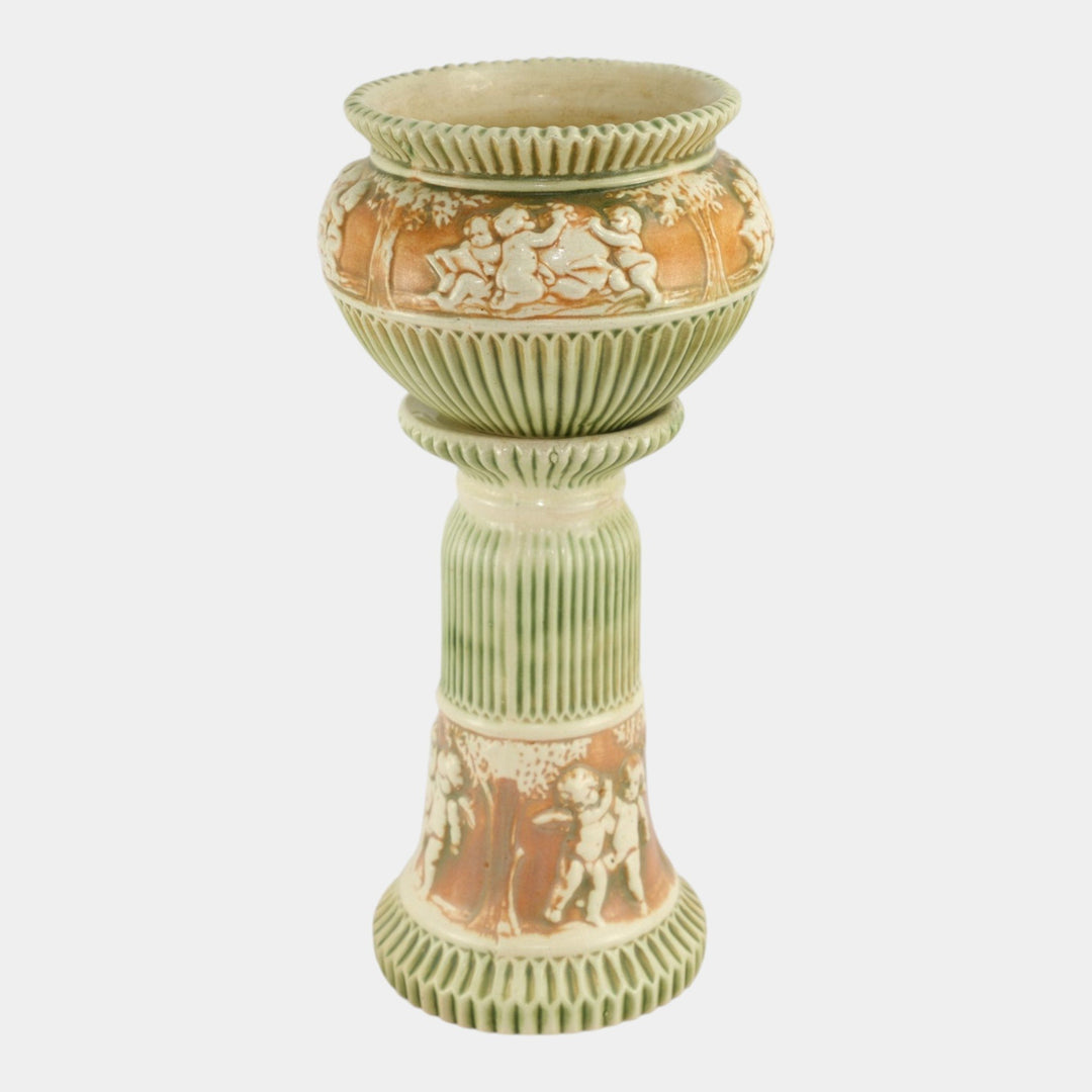 Roseville Donatello 1916 Art Pottery Green Ceramic Jardiniere And Pedestal 579-6 - Just Art Pottery