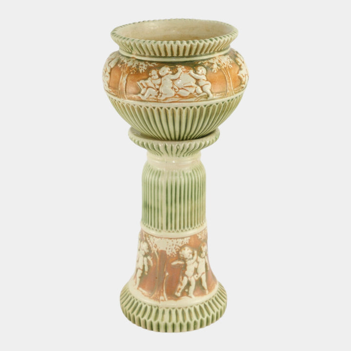 Roseville Donatello 1916 Art Pottery Green Ceramic Jardiniere And Pedestal 579-6 - Just Art Pottery