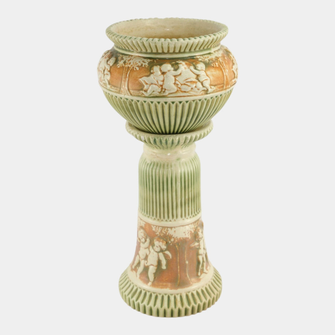 Roseville Donatello 1916 Art Pottery Green Ceramic Jardiniere And Pedestal 579-6 - Just Art Pottery