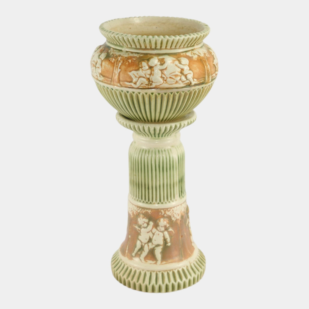 Roseville Donatello 1916 Art Pottery Green Ceramic Jardiniere And Pedestal 579-6 - Just Art Pottery