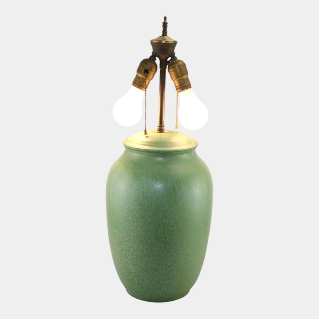 Cowan 1930s Vintage Art Deco Pottery Mottled Green Ceramic Dual Light Lamp - Just Art Pottery