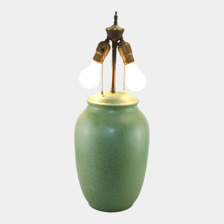 Cowan 1930s Vintage Art Deco Pottery Mottled Green Ceramic Dual Light Lamp - Just Art Pottery