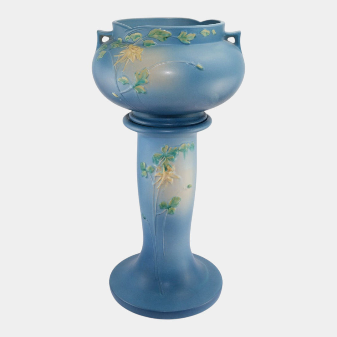 Roseville Columbine Blue 1941 Art Pottery Ceramic Jardiniere And Pedestal 655-8 - Just Art Pottery