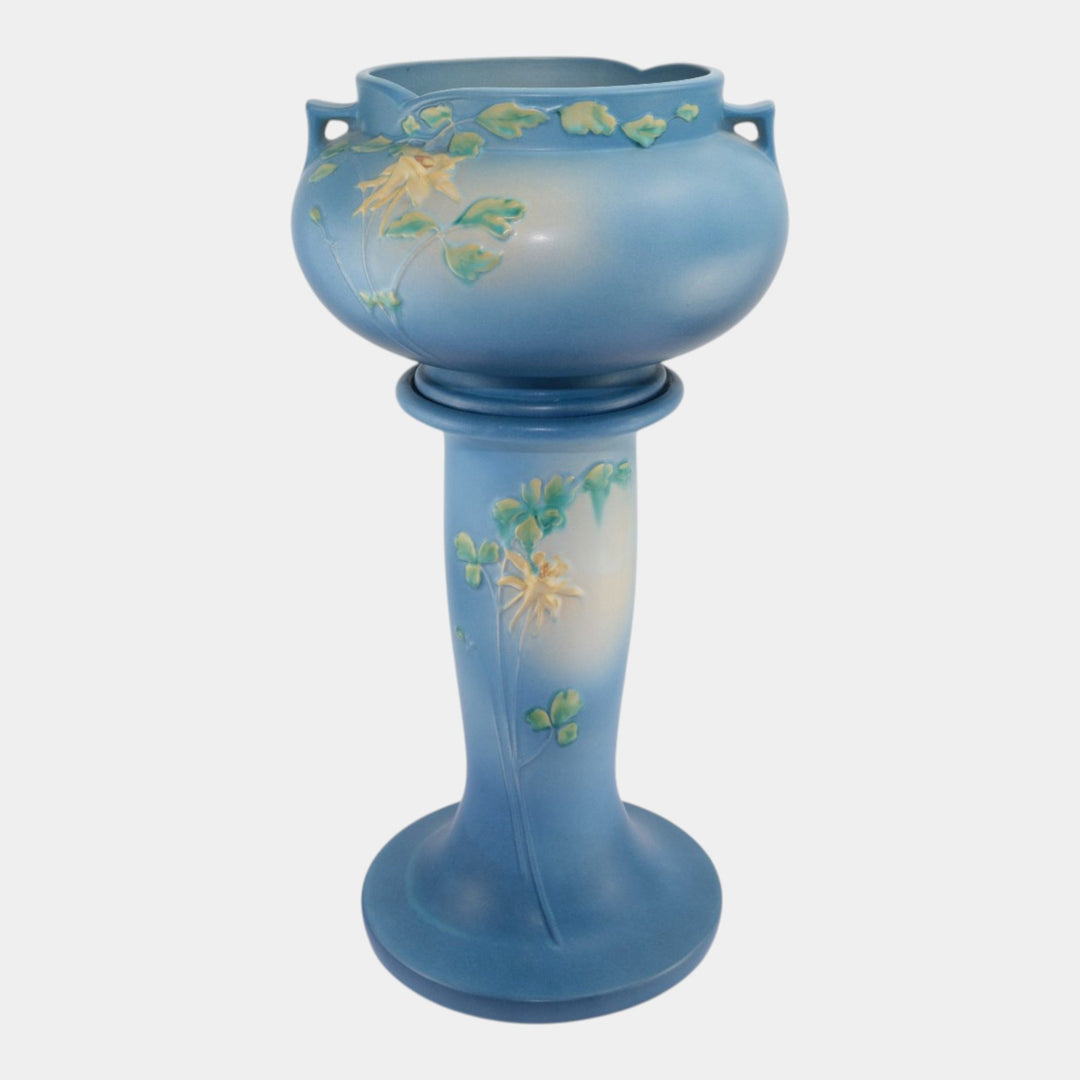 Roseville Columbine Blue 1941 Art Pottery Ceramic Jardiniere And Pedestal 655-8 - Just Art Pottery