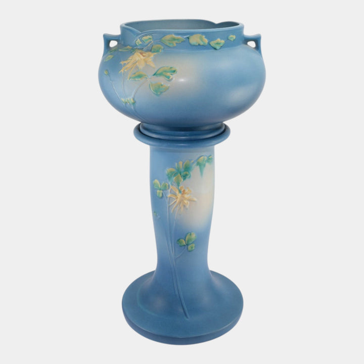 Roseville Columbine Blue 1941 Art Pottery Ceramic Jardiniere And Pedestal 655-8 - Just Art Pottery