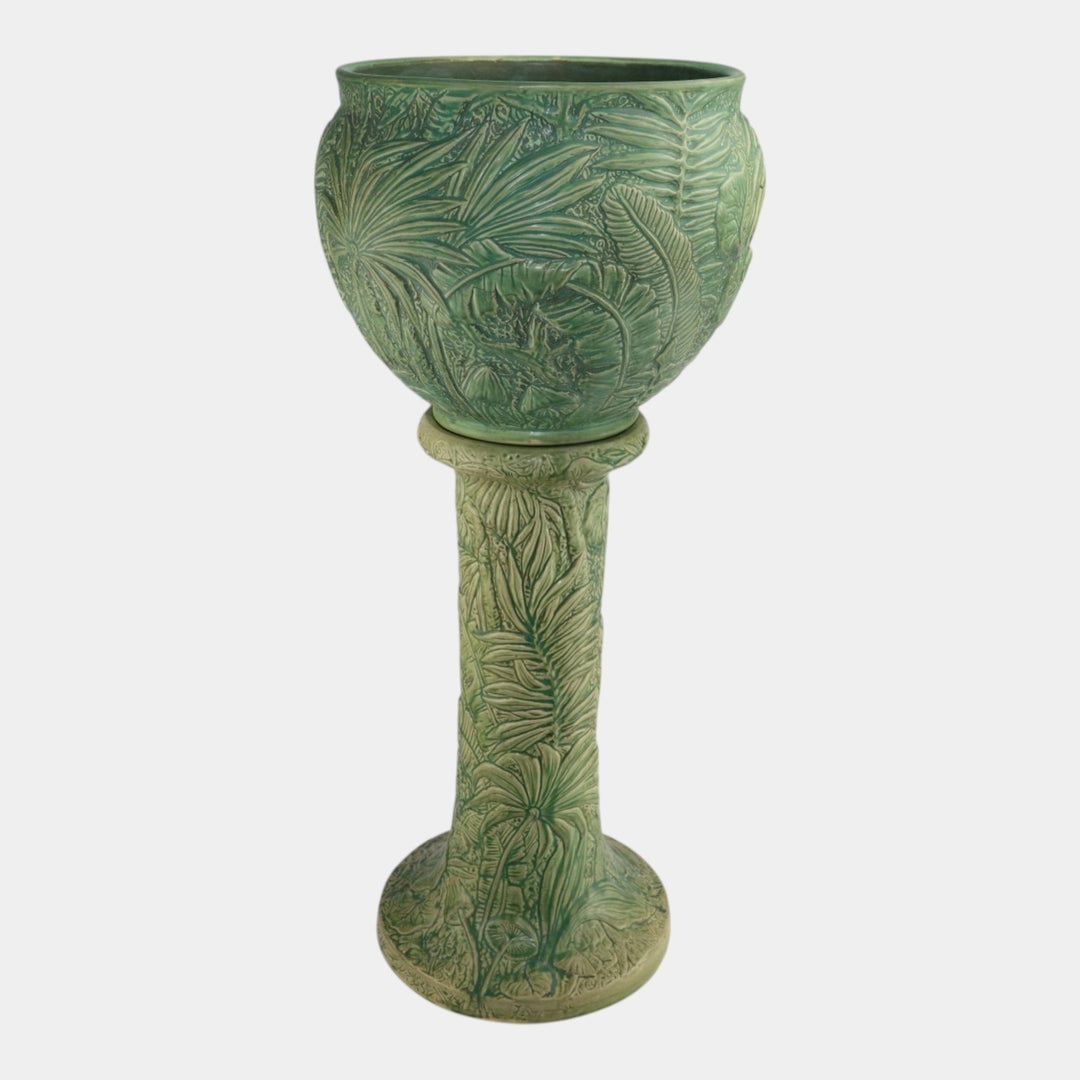 Weller Marvo 1920s Art Pottery Green Palm Leaves Ceramic Jardiniere and Pedestal - Just Art Pottery