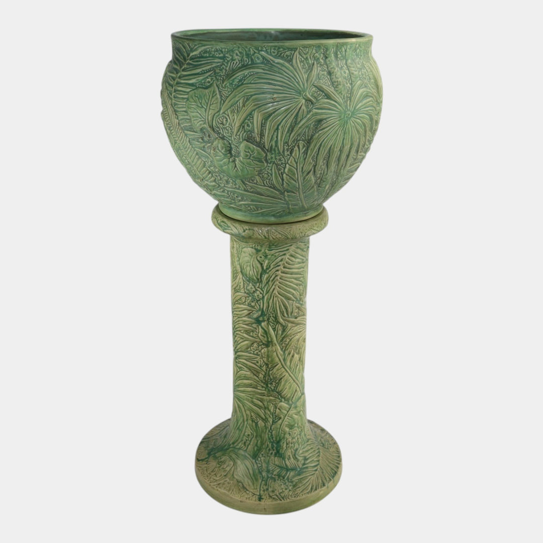 Weller Marvo 1920s Art Pottery Green Palm Leaves Ceramic Jardiniere and Pedestal - Just Art Pottery