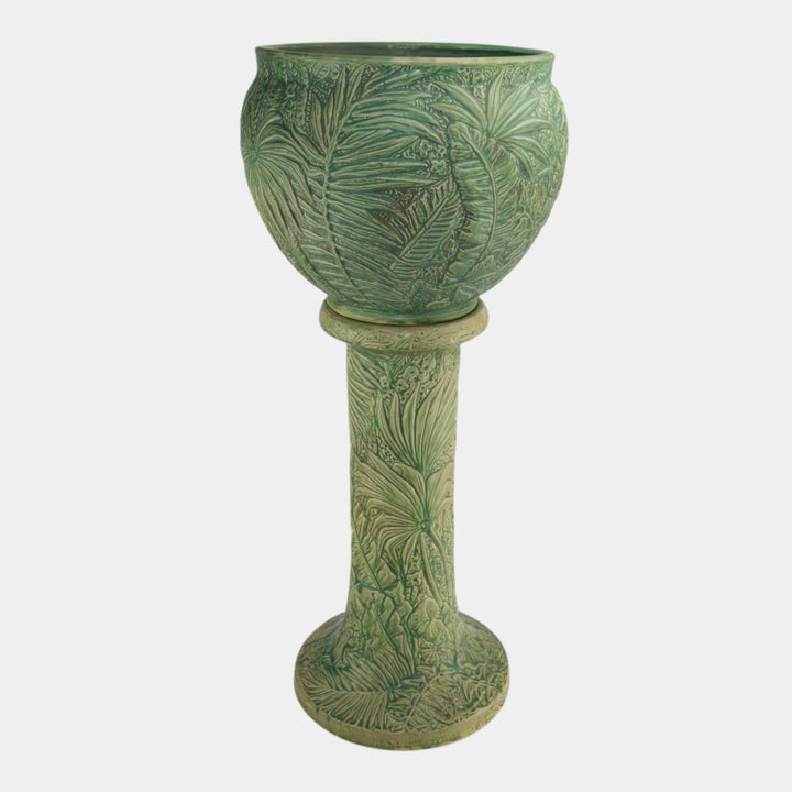 Weller Marvo 1920s Art Pottery Green Palm Leaves Ceramic Jardiniere and Pedestal - Just Art Pottery
