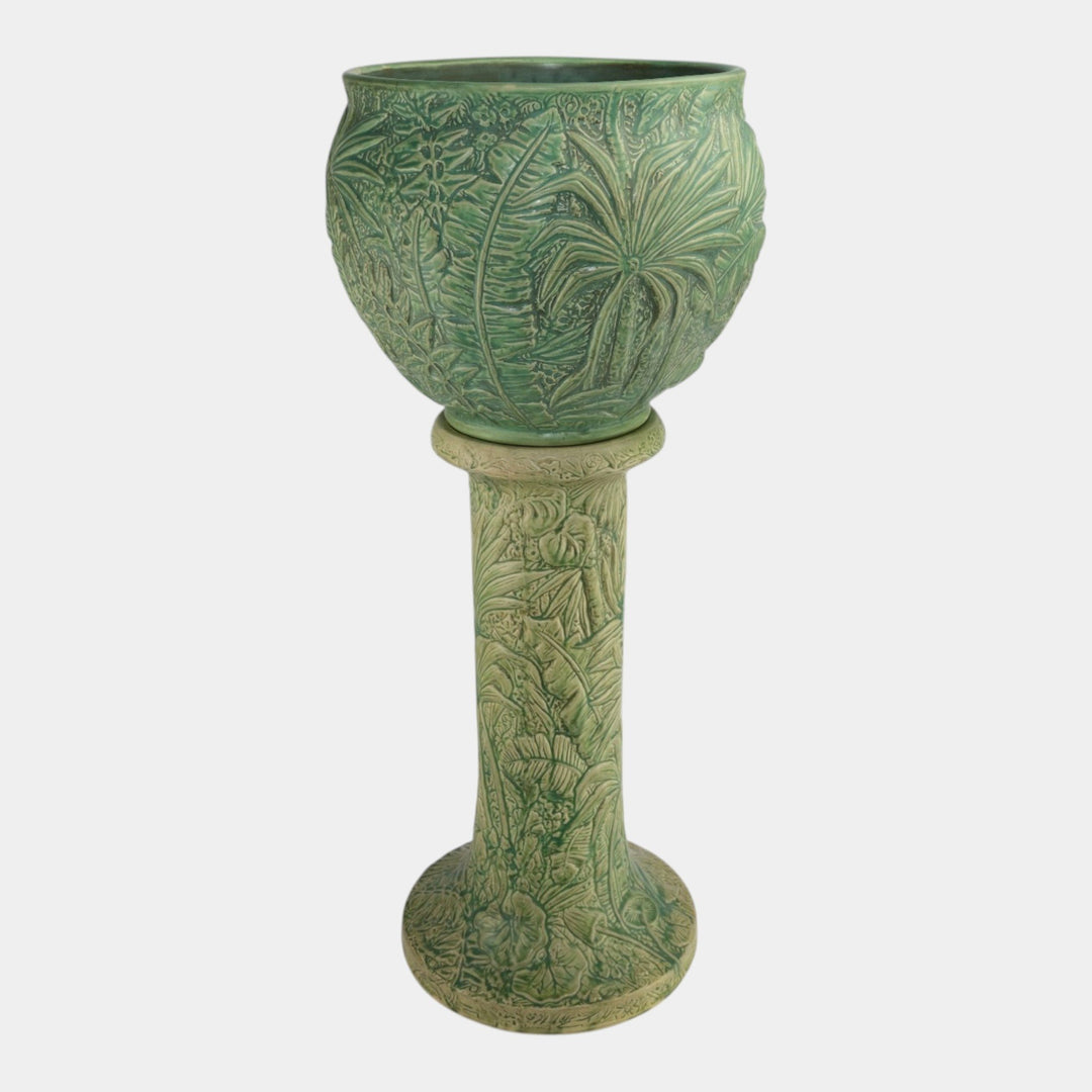 Weller Marvo 1920s Art Pottery Green Palm Leaves Ceramic Jardiniere and Pedestal - Just Art Pottery