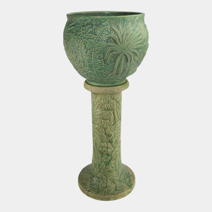 Weller Marvo 1920s Art Pottery Green Palm Leaves Ceramic Jardiniere and Pedestal - Just Art Pottery