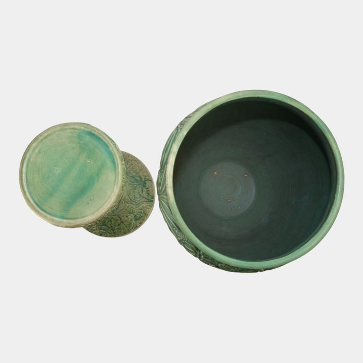 Weller Marvo 1920s Art Pottery Green Palm Leaves Ceramic Jardiniere and Pedestal - Just Art Pottery