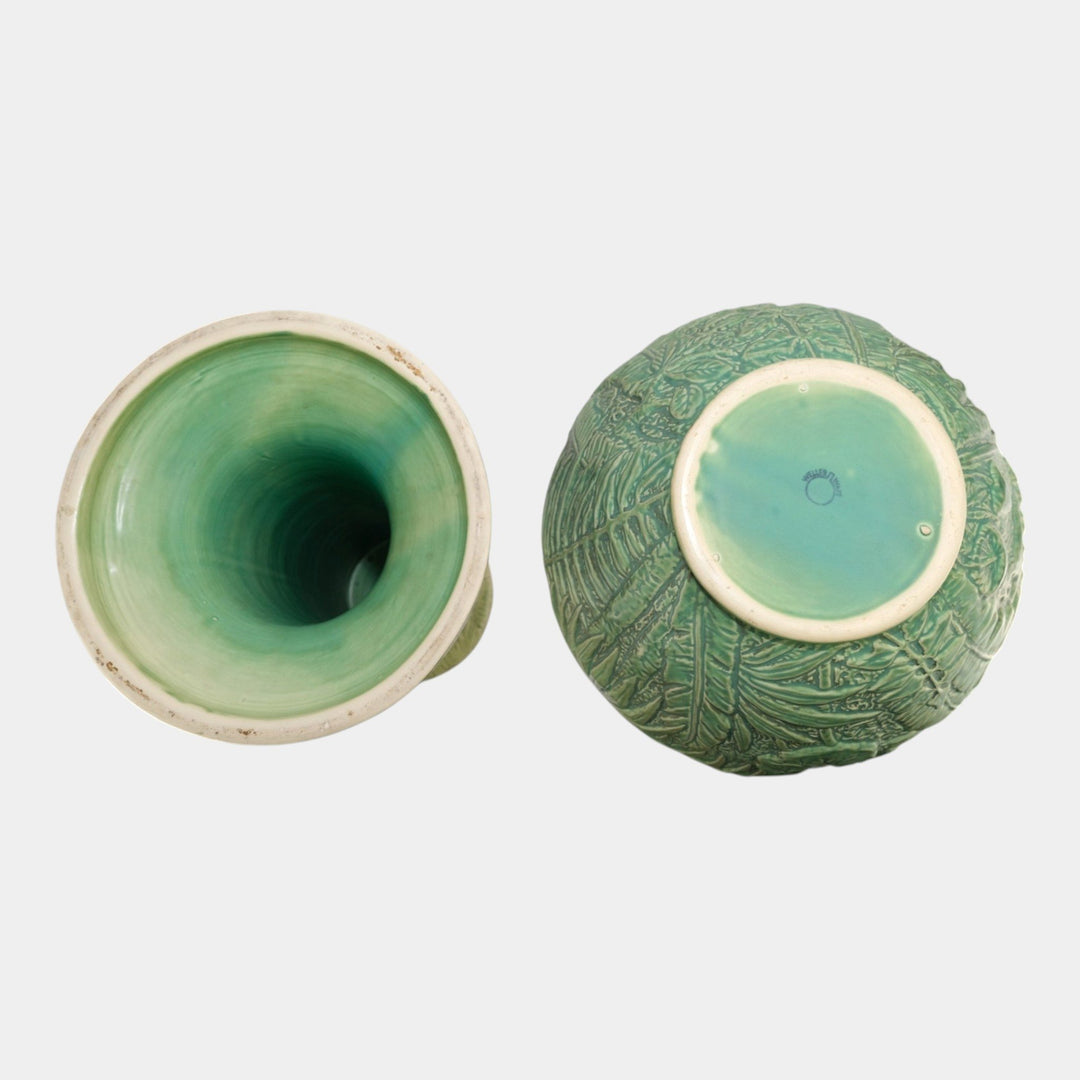 Weller Marvo 1920s Art Pottery Green Palm Leaves Ceramic Jardiniere and Pedestal - Just Art Pottery