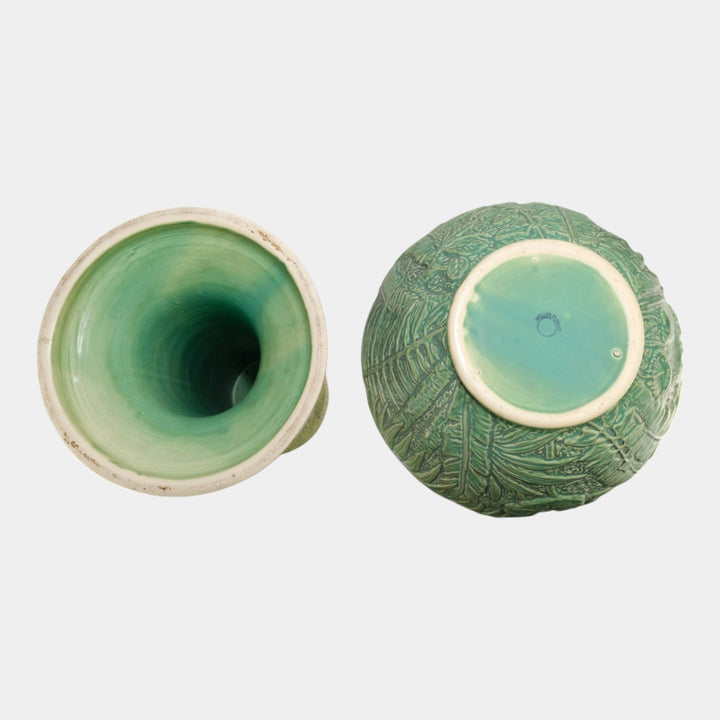 Weller Marvo 1920s Art Pottery Green Palm Leaves Ceramic Jardiniere and Pedestal - Just Art Pottery