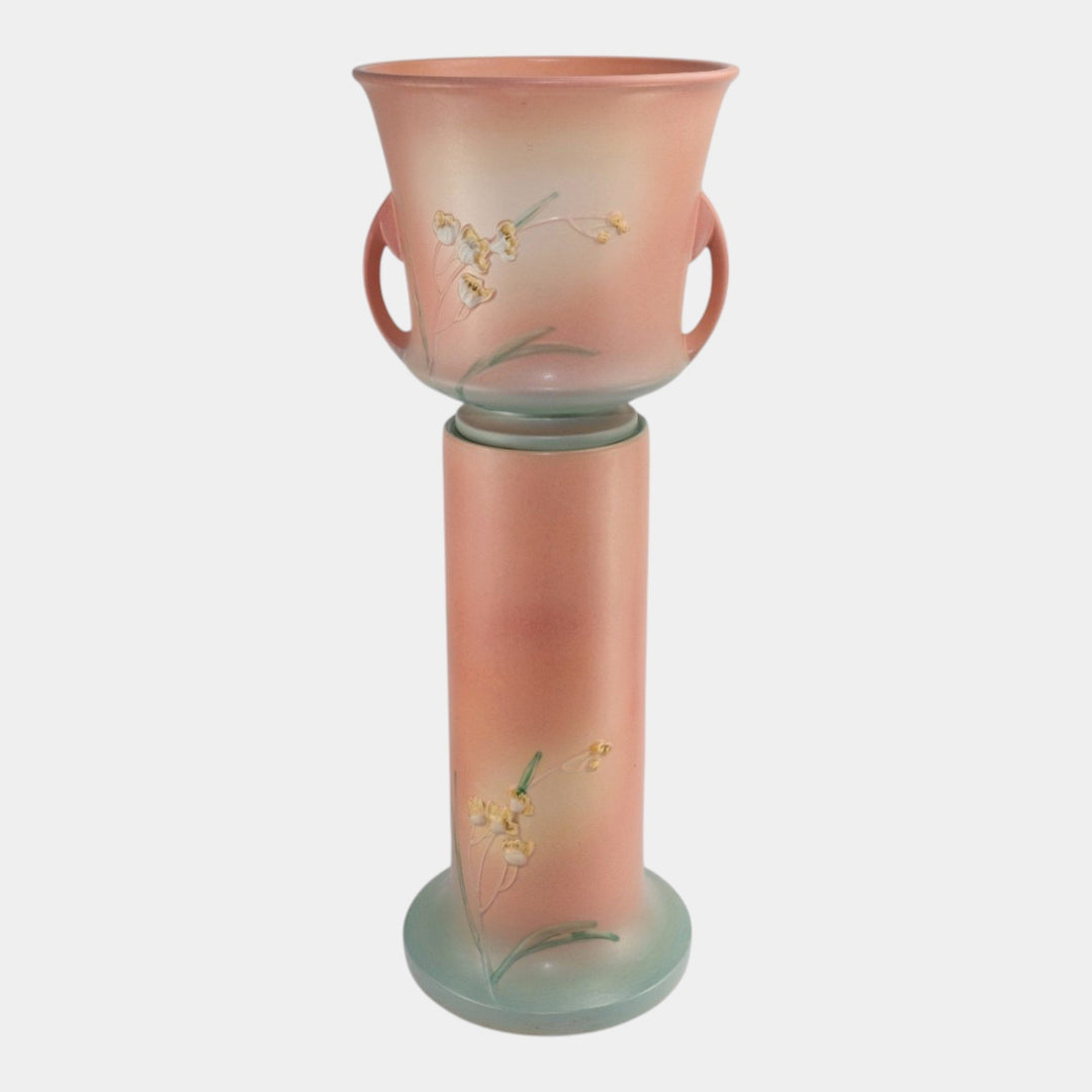 Roseville Ixia Pink 1937 Vintage Art Deco Ceramic Jardiniere and Pedestal 640-10 - Just Art Pottery