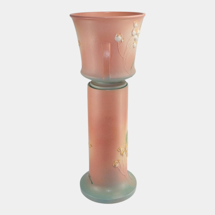 Roseville Ixia Pink 1937 Vintage Art Deco Ceramic Jardiniere and Pedestal 640-10 - Just Art Pottery