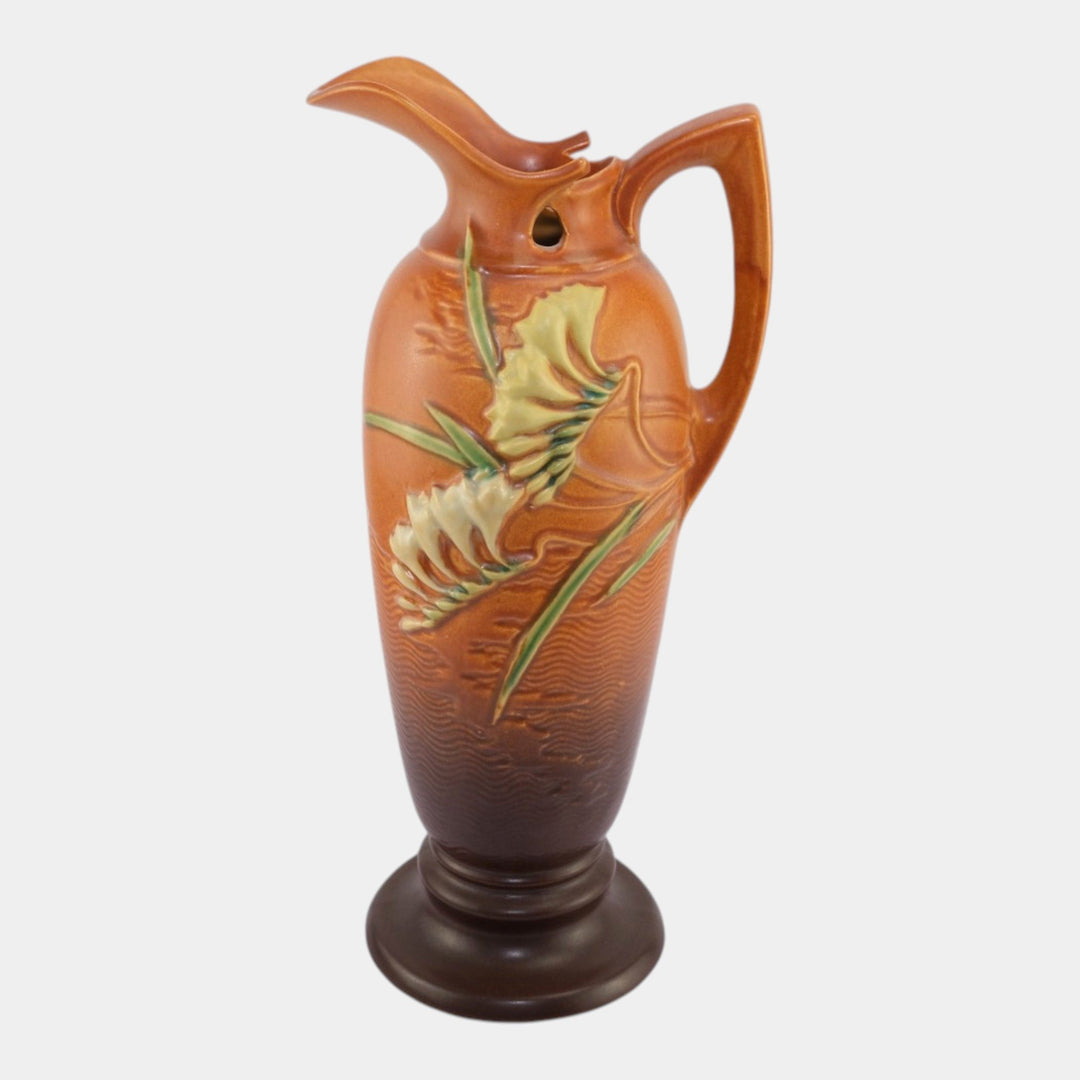 Roseville Freesia Brown 1945 Mid Century Modern Ceramic Ewer 21-15 - Just Art Pottery