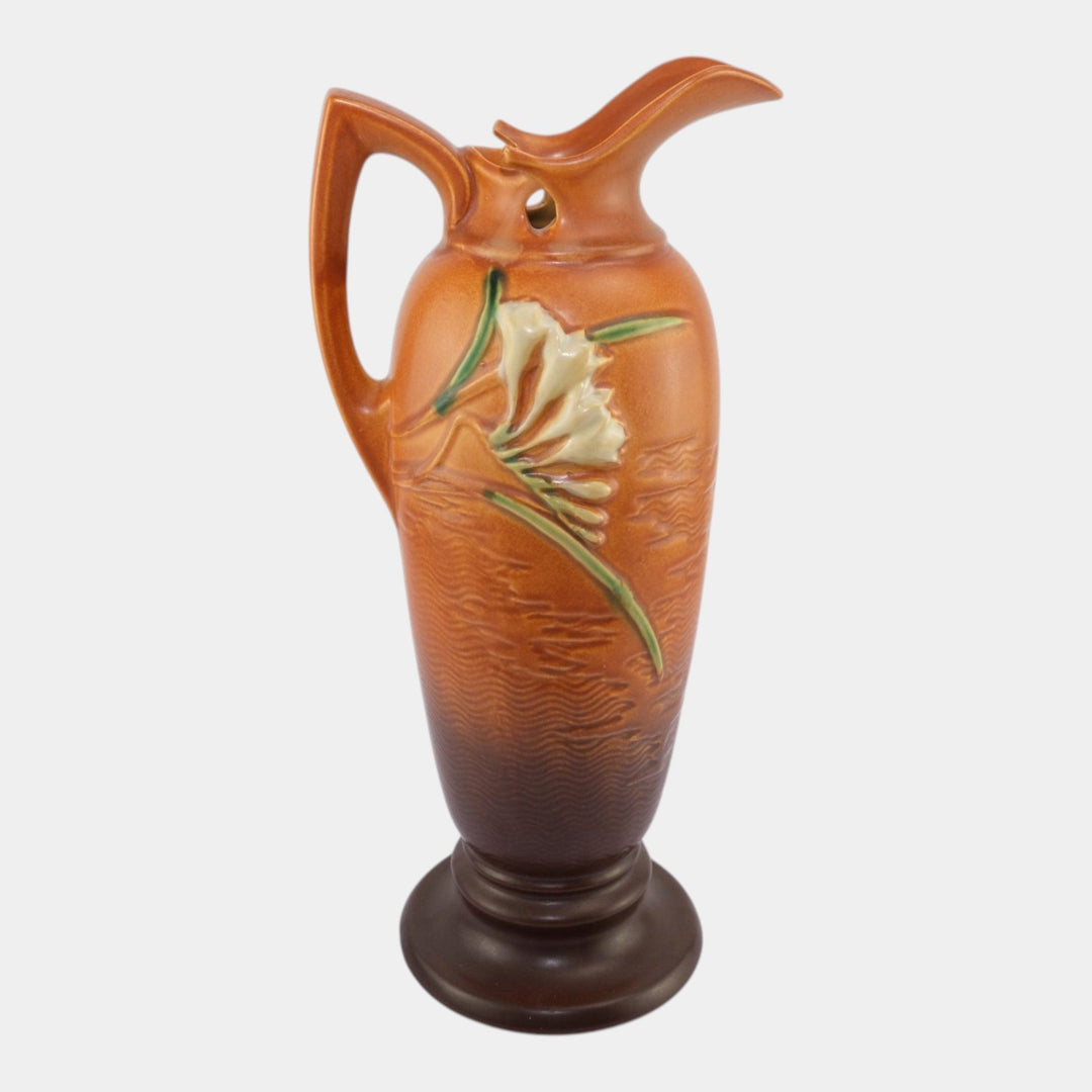 Roseville Freesia Brown 1945 Mid Century Modern Ceramic Ewer 21-15 - Just Art Pottery