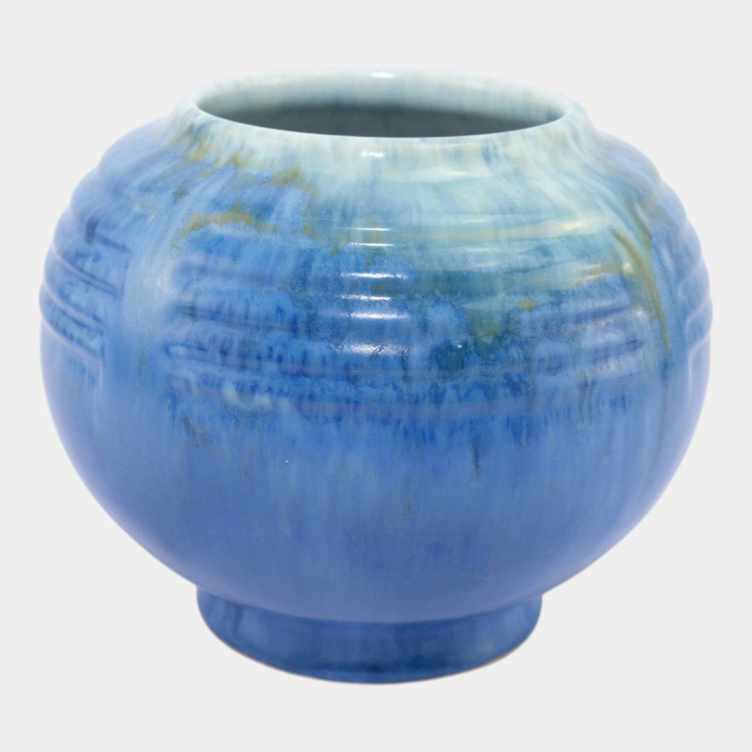 Roseville Tourmaline Blue 1933 Vintage Art Deco Round Ceramic Vase 238-5 - Just Art Pottery