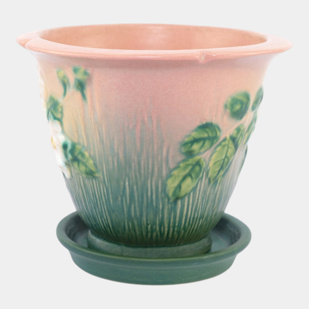 Roseville White Rose Pink Green 1940 Ceramic Flower Pot And Saucer 654-5 - Just Art Pottery