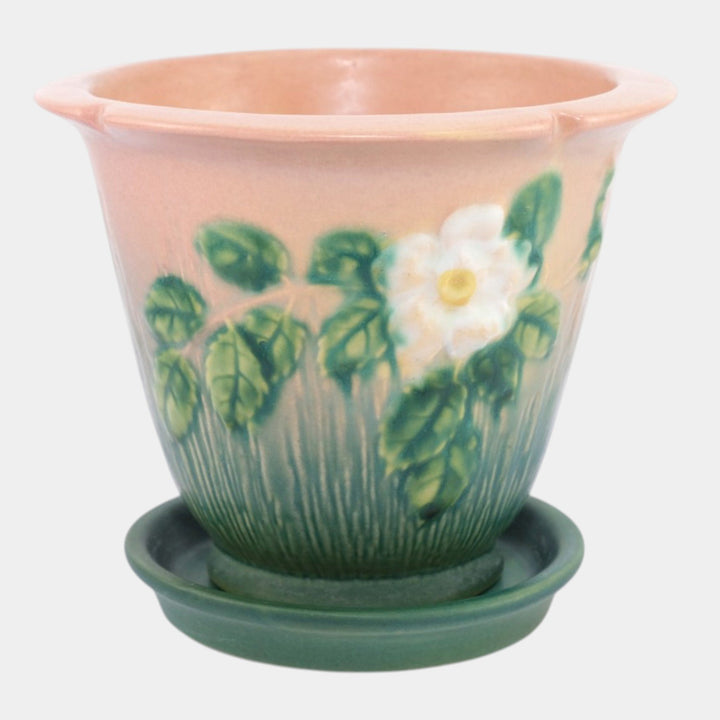 Roseville White Rose Pink Green 1940 Ceramic Flower Pot And Saucer 654-5 - Just Art Pottery