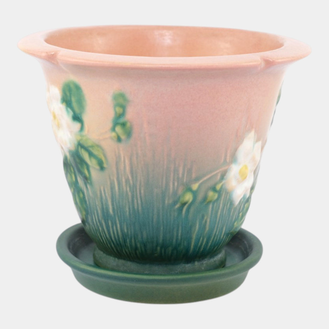 Roseville White Rose Pink Green 1940 Ceramic Flower Pot And Saucer 654-5 - Just Art Pottery