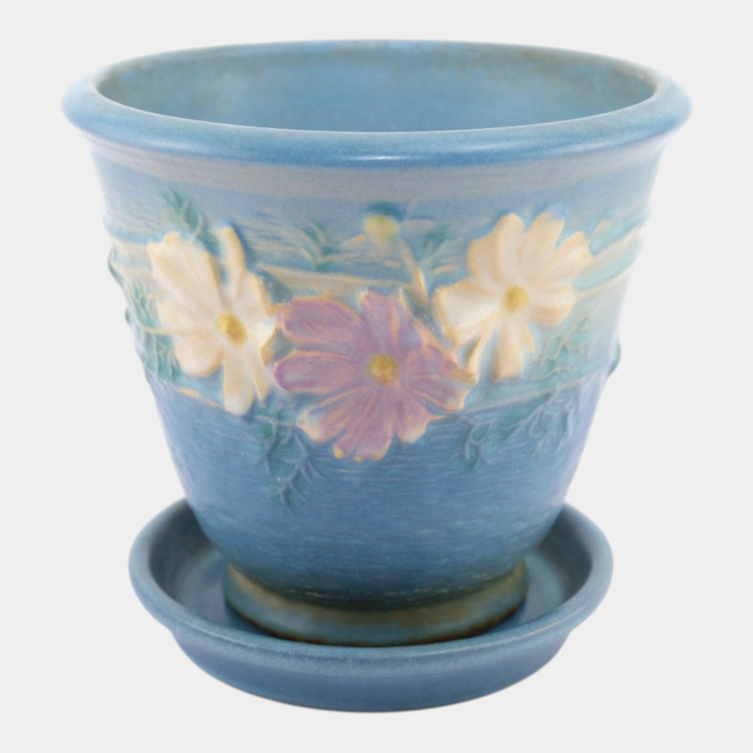 Roseville Cosmos Blue 1939 Vintage Art Pottery Ceramic Flower Pot & Saucer 650-5 - Just Art Pottery