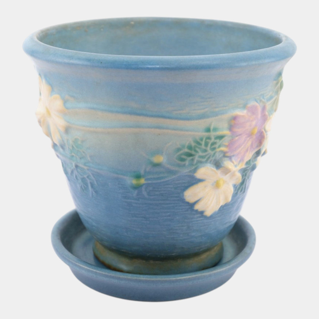 Roseville Cosmos Blue 1939 Vintage Art Pottery Ceramic Flower Pot & Saucer 650-5 - Just Art Pottery