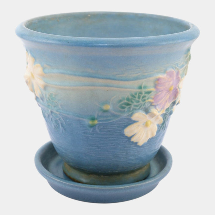 Roseville Cosmos Blue 1939 Vintage Art Pottery Ceramic Flower Pot & Saucer 650-5 - Just Art Pottery