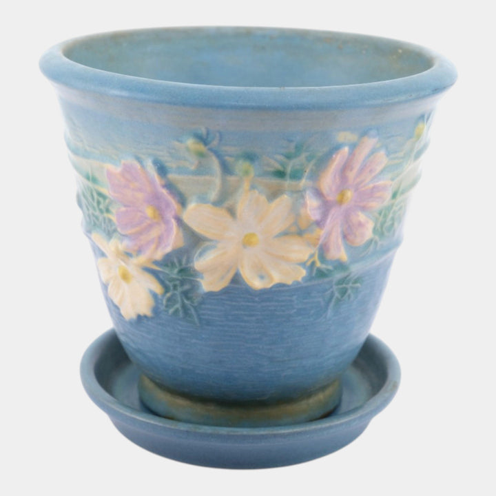 Roseville Cosmos Blue 1939 Vintage Art Pottery Ceramic Flower Pot & Saucer 650-5 - Just Art Pottery