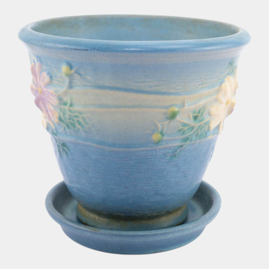 Roseville Cosmos Blue 1939 Vintage Art Pottery Ceramic Flower Pot & Saucer 650-5 - Just Art Pottery