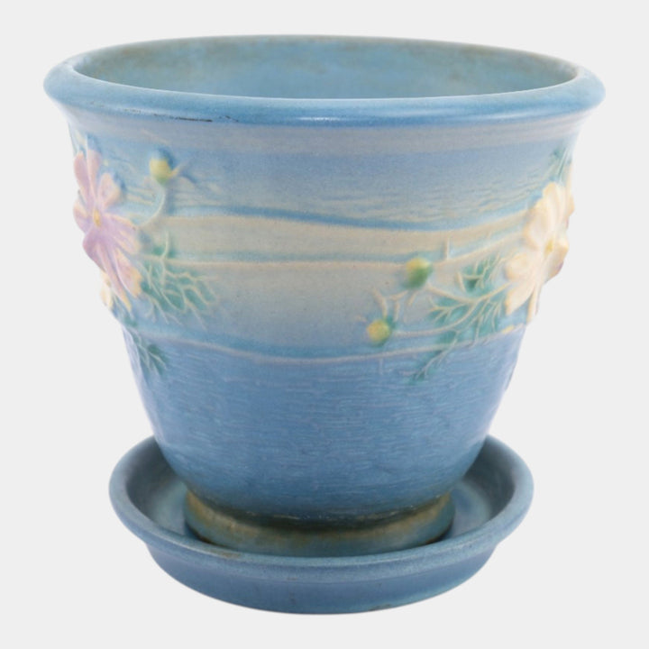Roseville Cosmos Blue 1939 Vintage Art Pottery Ceramic Flower Pot & Saucer 650-5 - Just Art Pottery