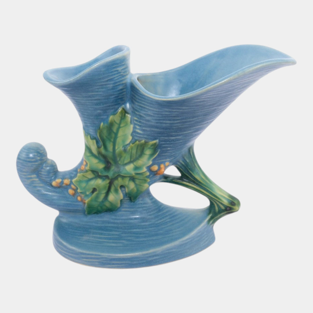 Roseville Bushberry Blue 1941 Vintage Art Pottery Double Cornucopia Vase 155-8 - Just Art Pottery