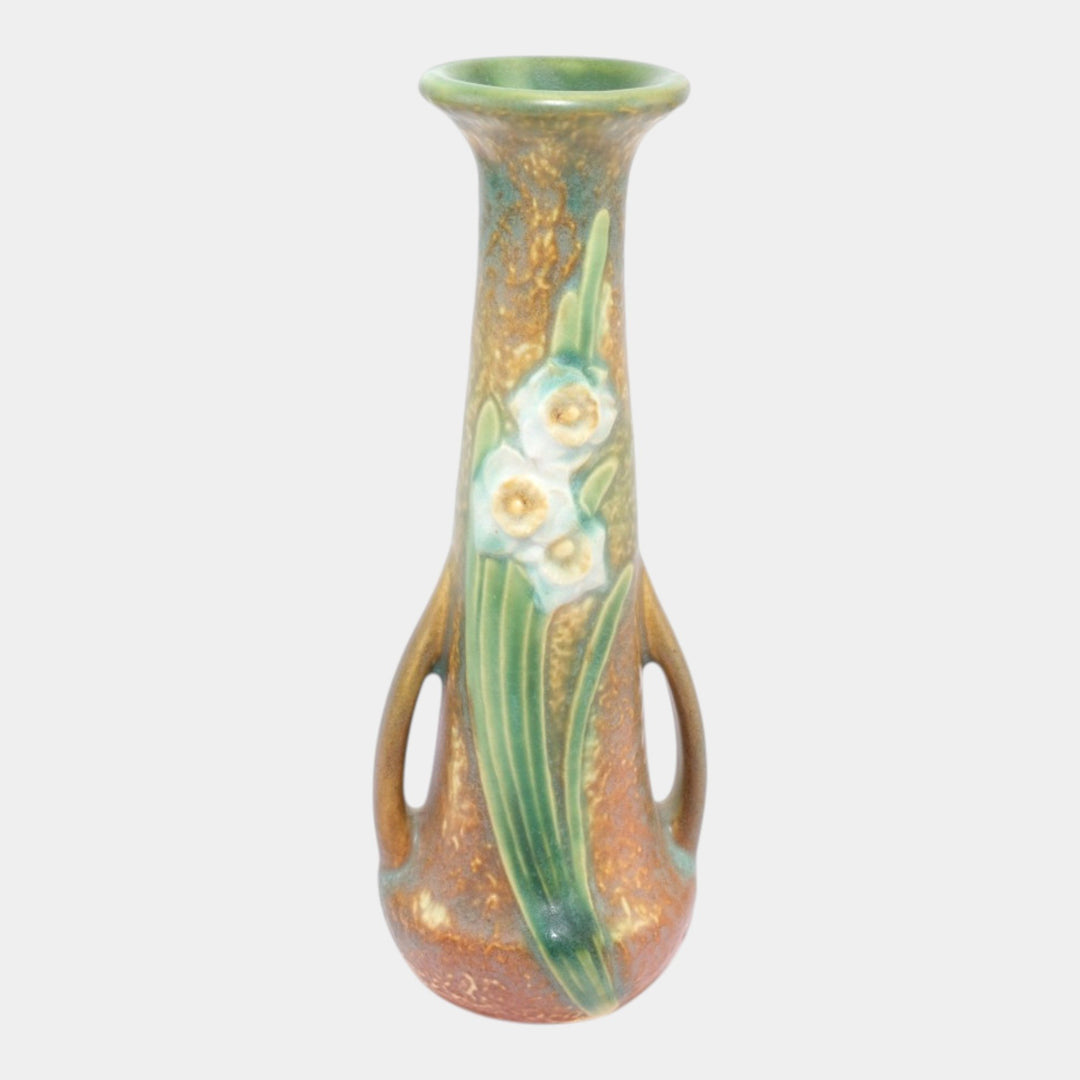 Roseville Jonquil Brown 1931 Vintage Arts And Crafts Ceramic Bud Vase - Just Art Pottery