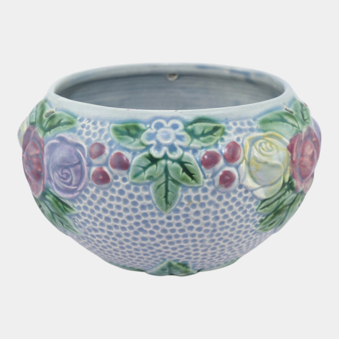 Roseville Rozane Blue Tint 1917 Vintage Art Pottery Ceramic Hanging Basket 330-6 - Just Art Pottery