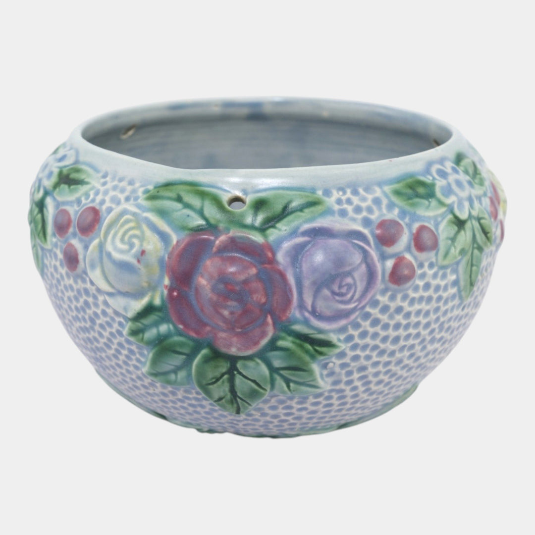 Roseville Rozane Blue Tint 1917 Vintage Art Pottery Ceramic Hanging Basket 330-6 - Just Art Pottery