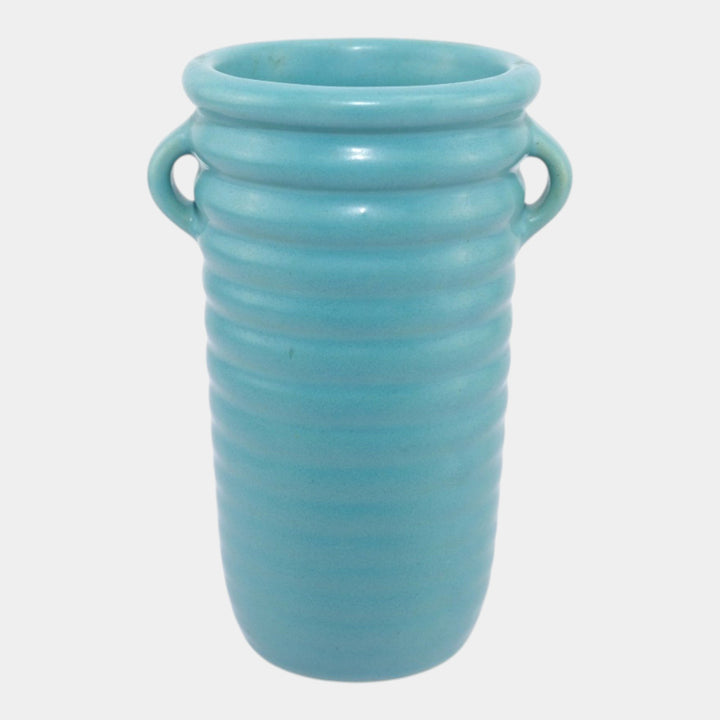 Roseville Solid Colors Aqua Blue 1917 Art Deco Pottery Ceramic Ribbed Vase 609-6 - Just Art Pottery