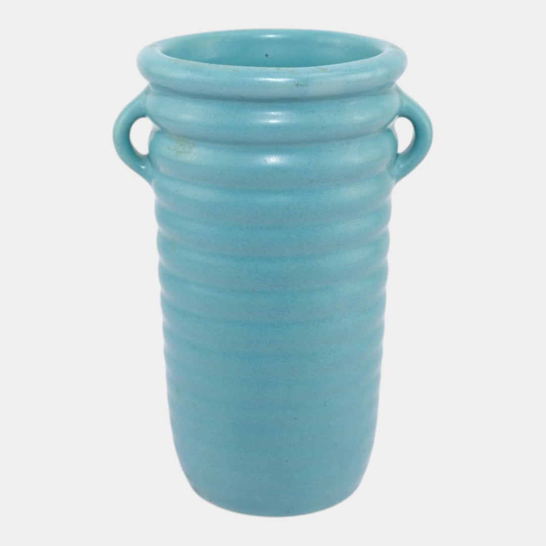 Roseville Solid Colors Aqua Blue 1917 Art Deco Pottery Ceramic Ribbed Vase 609-6 - Just Art Pottery