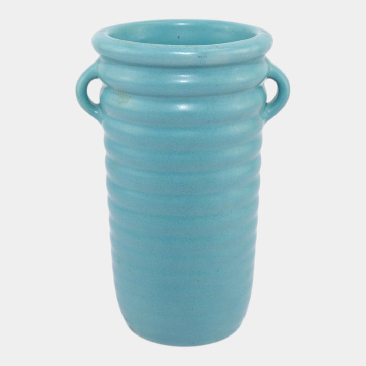 Roseville Solid Colors Aqua Blue 1917 Art Deco Pottery Ceramic Ribbed Vase 609-6 - Just Art Pottery