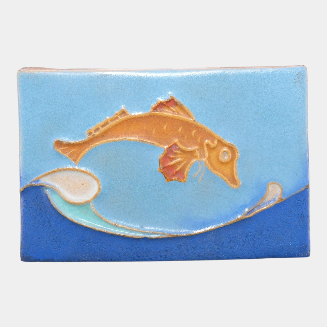 Mueller Mosaic Company Art Deco Pottery Orange Blue Leaping Fish Ceramic Tile