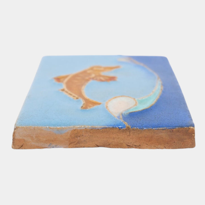 Mueller Mosaic Company Art Deco Pottery Orange Blue Leaping Fish Ceramic Tile