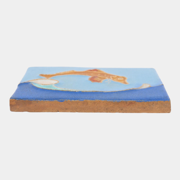 Mueller Mosaic Company Art Deco Pottery Orange Blue Leaping Fish Ceramic Tile