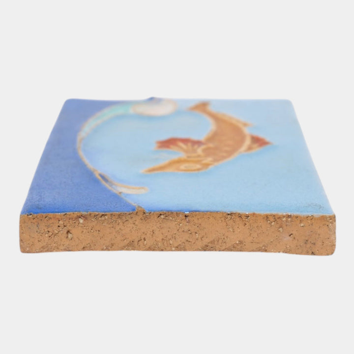 Mueller Mosaic Company Art Deco Pottery Orange Blue Leaping Fish Ceramic Tile