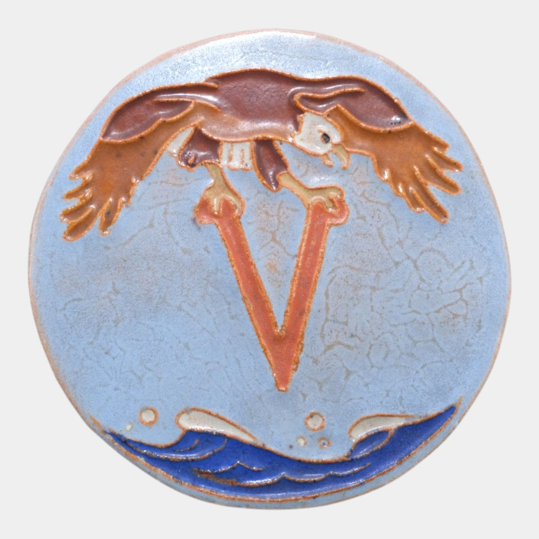 Mueller Mosaic Company Art Deco Pottery Blue Victory Eagle Ceramic Round Tile