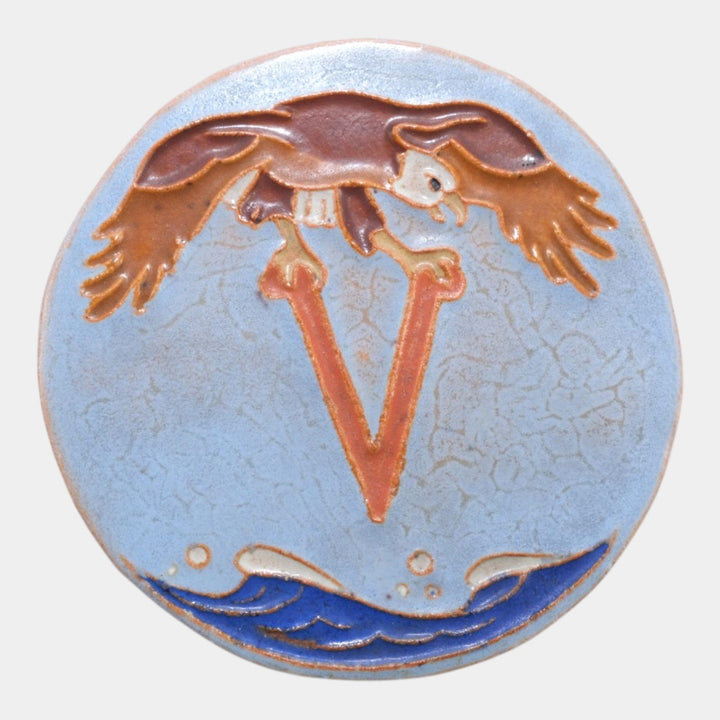 Mueller Mosaic Company Art Deco Pottery Blue Victory Eagle Ceramic Round Tile